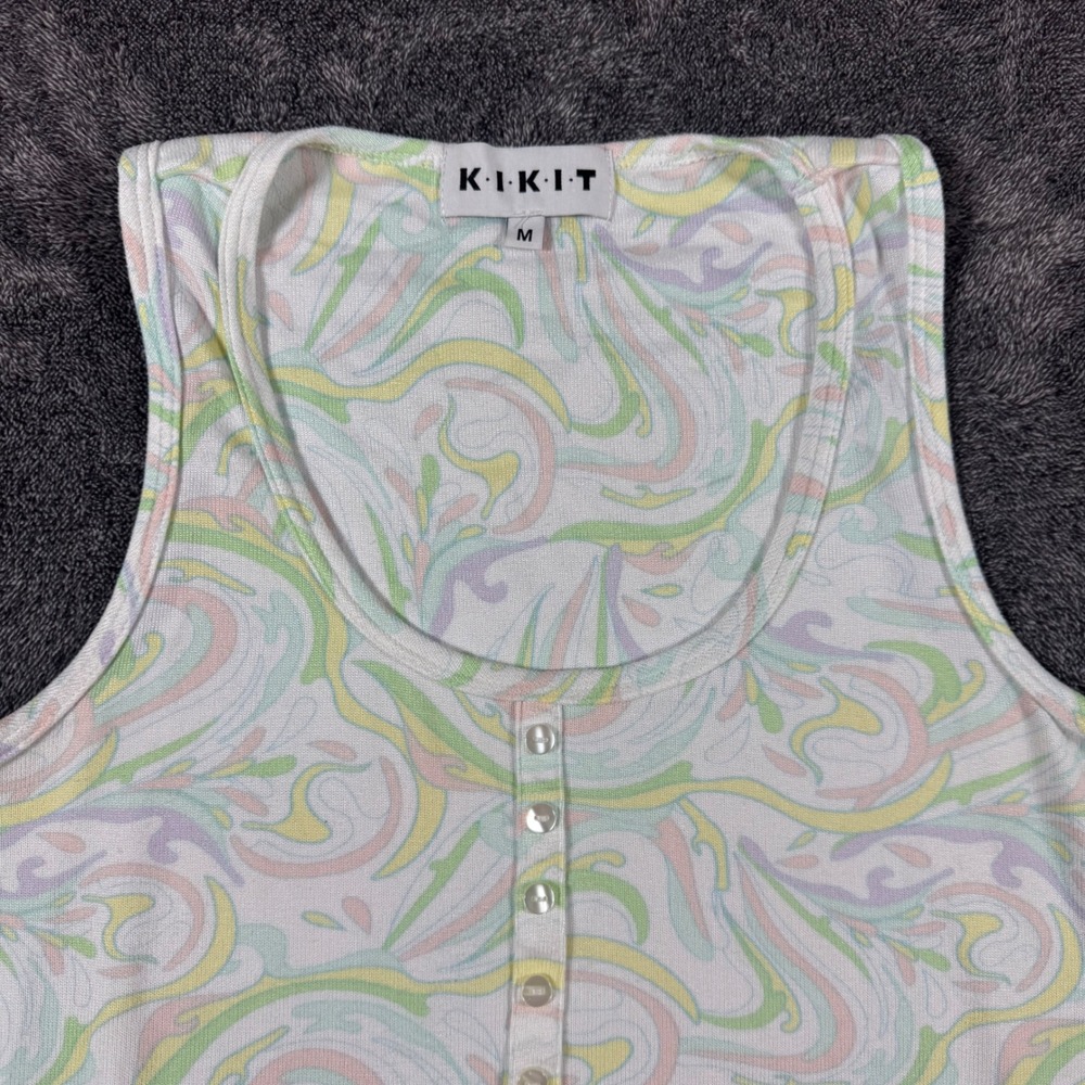Kikit Womens Pastel Marble Swirl Henley Tank Top Sleeveless Scoop Neck Medium